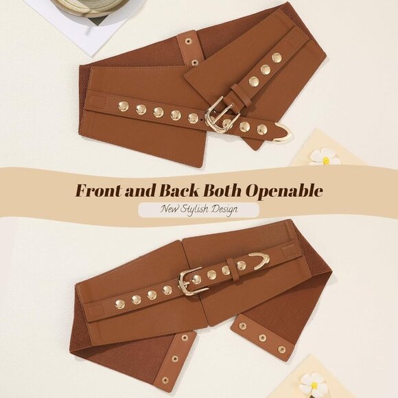 Women Elastic Chunky Stretchy Elegance Belt with Gold Rivets Buckle Daily Brown main image 5